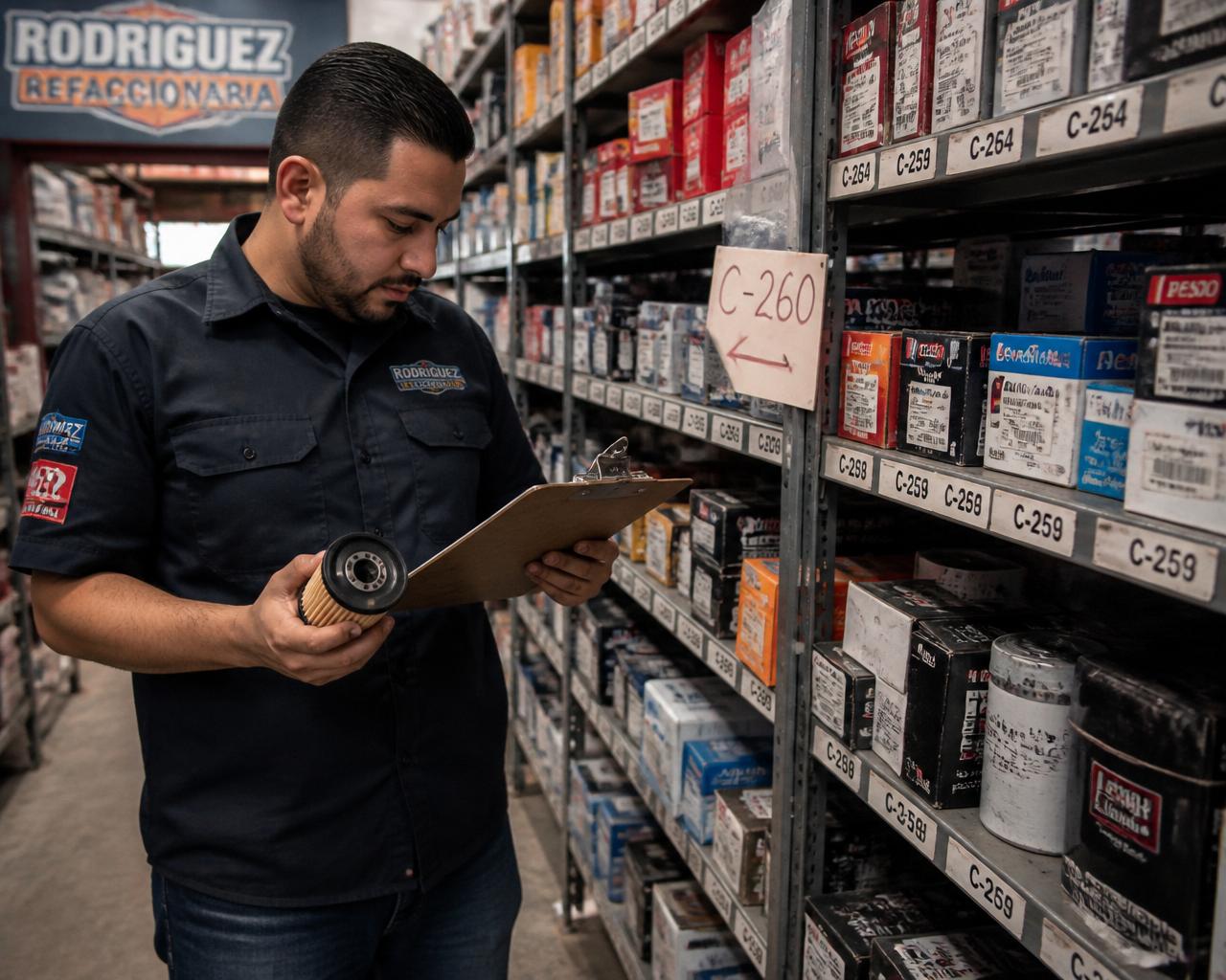 Encargado de refaccionaria revisando inventario entre estantes de autopartes